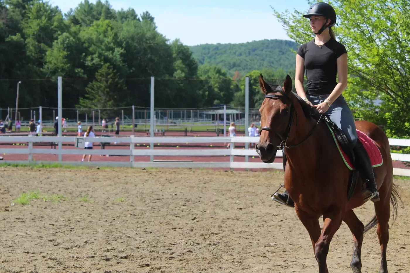 A horseback rider in the sand ring at Windridge Camp
