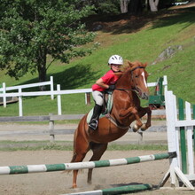 camper riding a horse jumping
